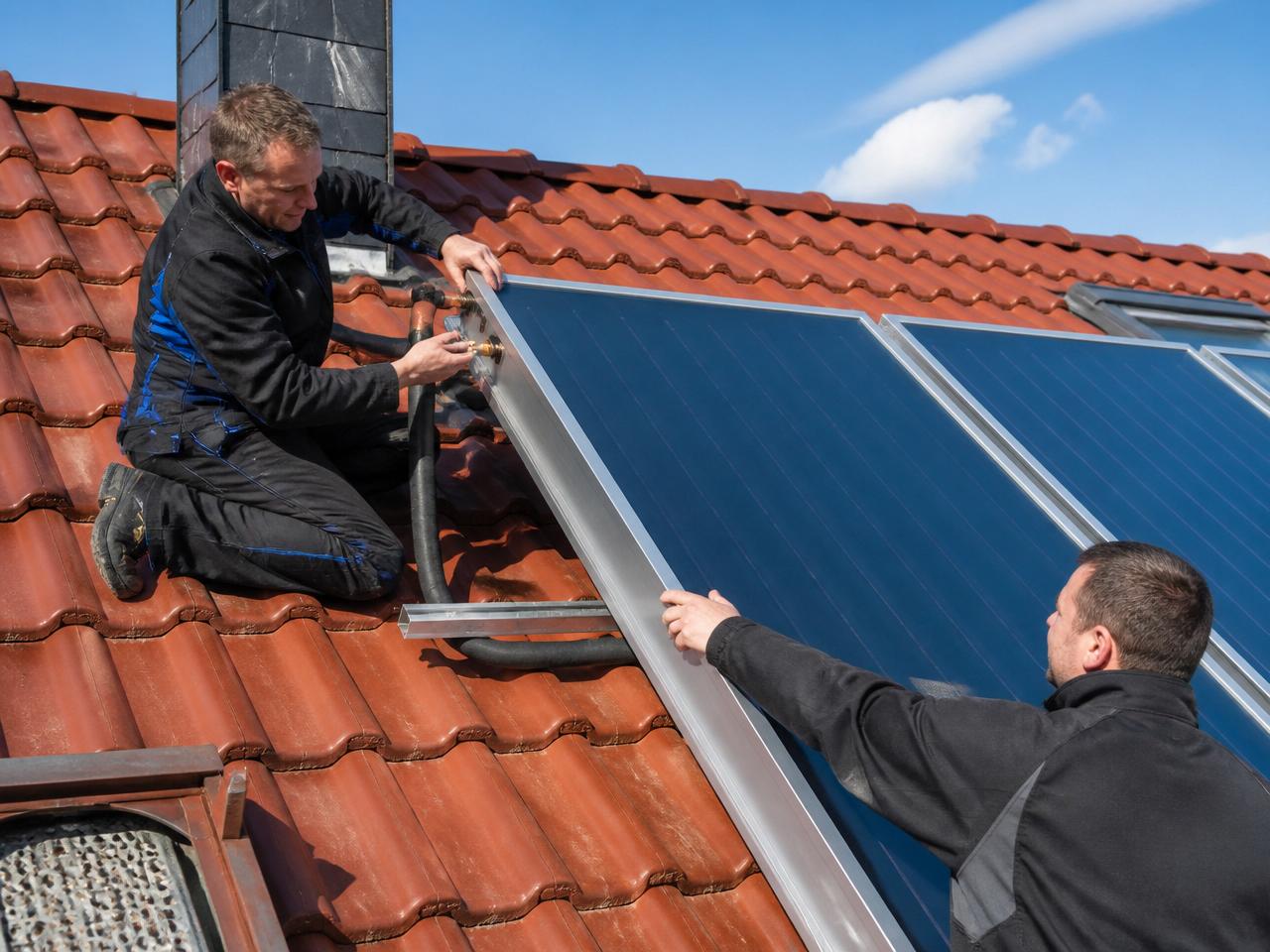 Montagearbeiten auf dem Hausdach für neue Solarkollektoren