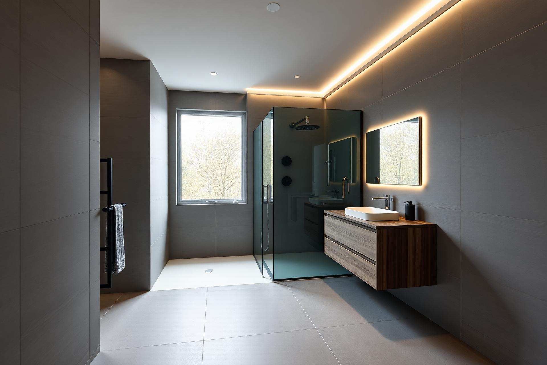Komplett saniertes Badezimmer in Peine mit bodengleicher Regendusche, freistehender Badewanne und warmer Holzoptik – Referenz Meisterbetrieb Kelm