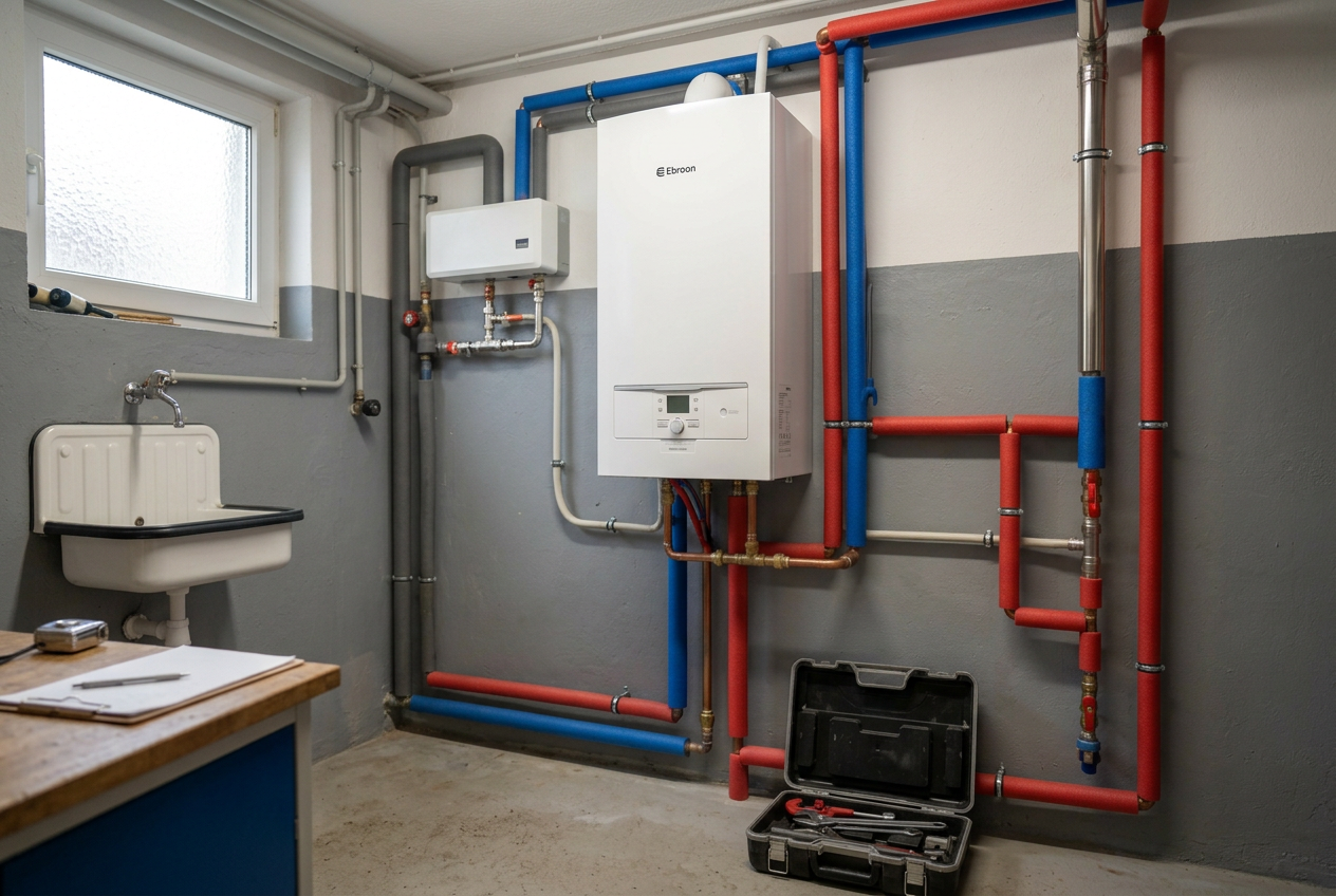 Neue Gas-Brennwerttherme mit sauberer Rohrführung im Heizungsraum eines Einfamilienhauses