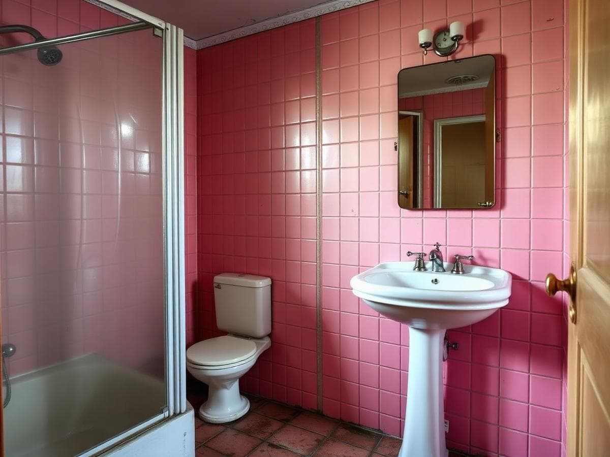 Vorher: älteres Gäste-WC mit vergilbtem Waschbecken und veralteten Wandfliesen