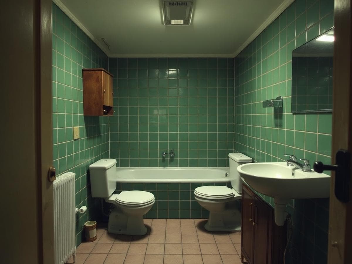 Vorher: kleines Bad mit Eckbadewanne, wenig Bewegungsfläche und altem Fliesenspiegel