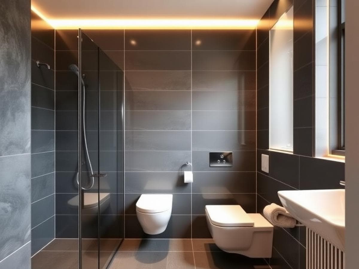 Nachher: kleines Bad, 5 m², mit bodengleicher Dusche, hellen Fliesen und offenem Raumgefühl
