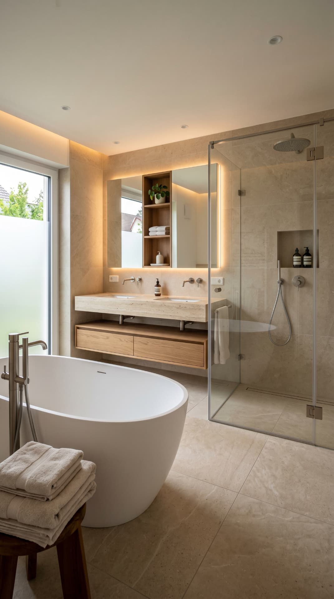 Modernes Badezimmer mit freistehender Badewanne und Doppelwaschbecken